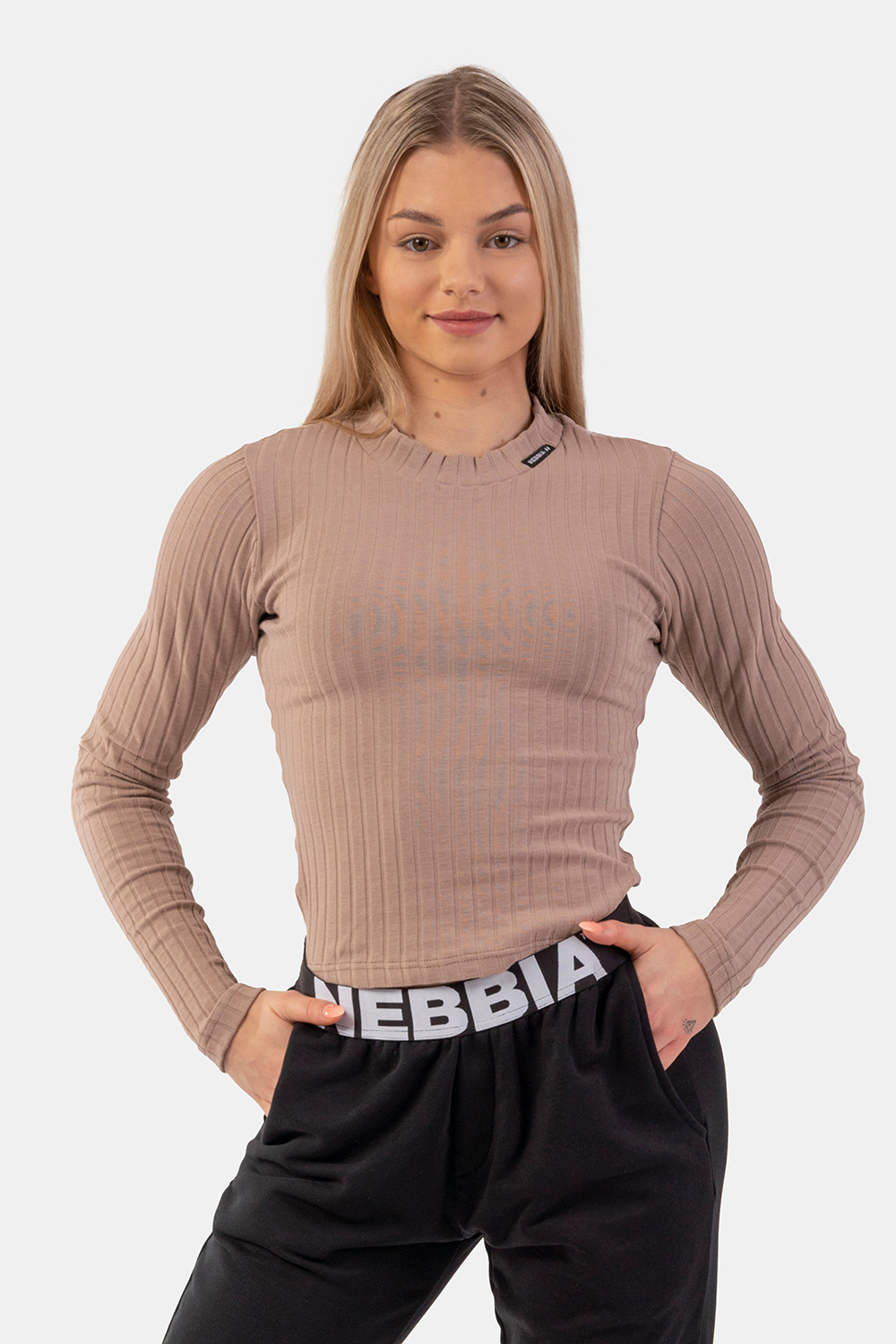 Nebbia Žebrované tričko s dlouhým rukávem z organické bavlny 415, XS, hnědá